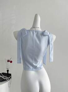 Sweetra 新款女式蝴蝶结吊带单排扣修身衬衫，条纹通勤装 - 藍白色 - 查看 2