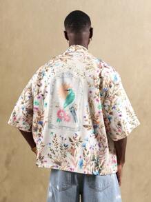 短袖宽松宽松花卉鸟印花夏季度假纽扣休闲家居服衬衫 - 杏色 - 查看 2