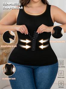 SHEIN Plus Size Solid Color Front Button Round Neck Sleeveless Body Shaper Top, Summer - Black - View 1