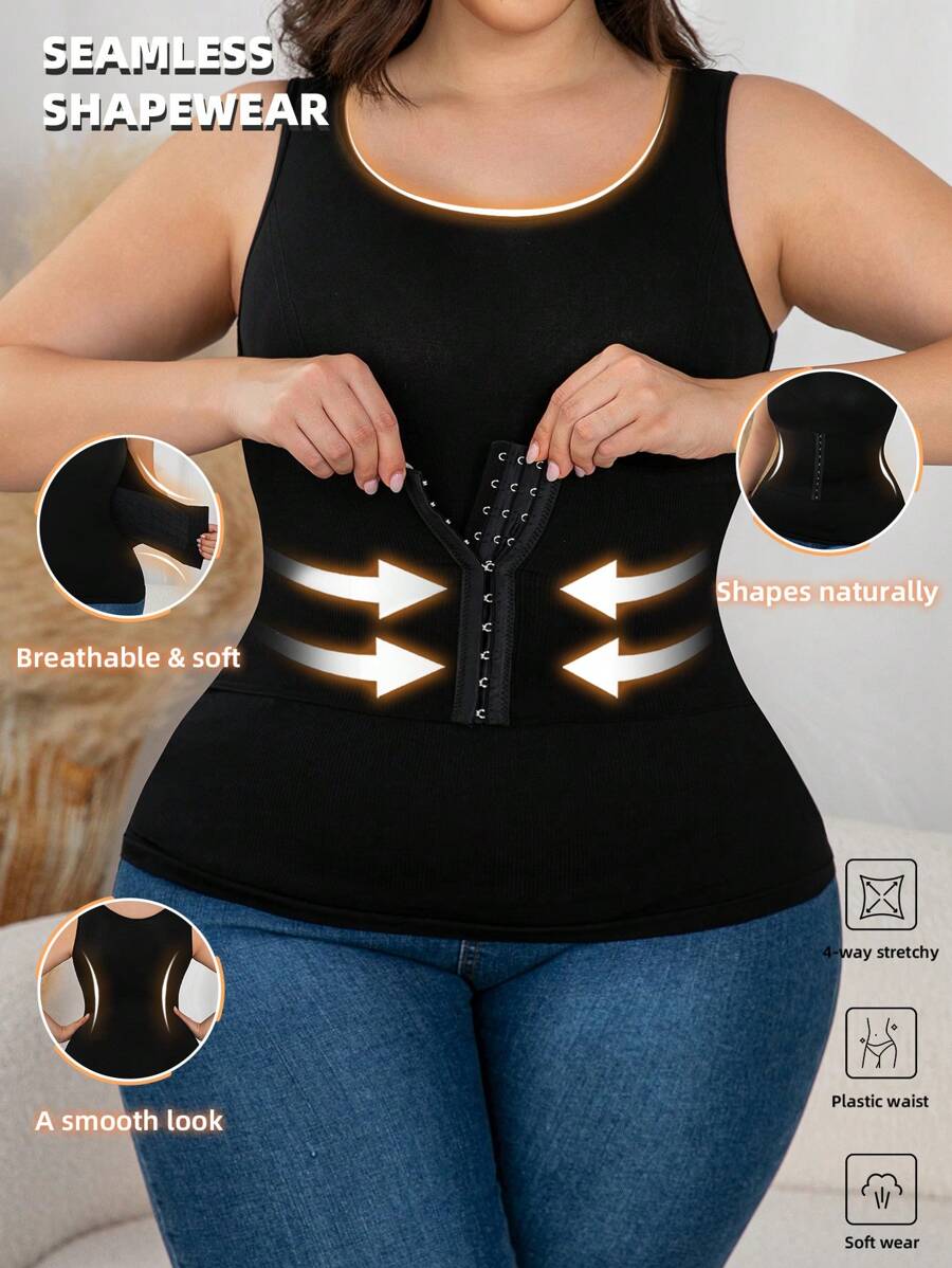 SHEIN Plus Size Solid Color Front Button Round Neck Sleeveless Body Shaper Top, Summer - Black - View 1