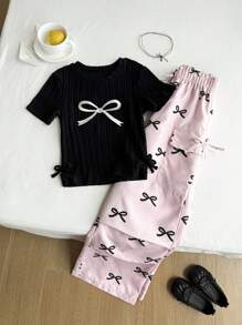 2pcs/Set Tween Girls Casual Street Style Cute Bow Knitting T-Shirt & Pink Bow Cargo Pants Set - Multicolor - View 3