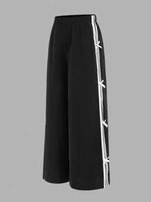 SHEIN Tween Girls Ribbon Bowknot Wide Leg Loose Casual Pants, Black, Versatile & Fashionable For Daily Wear Fall Winter