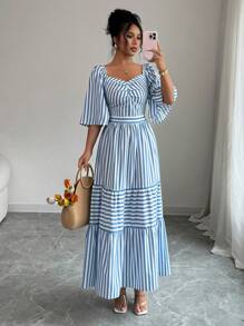 Elenzga Women's Casual Striped Long Dress For Summer - Blue - View 1