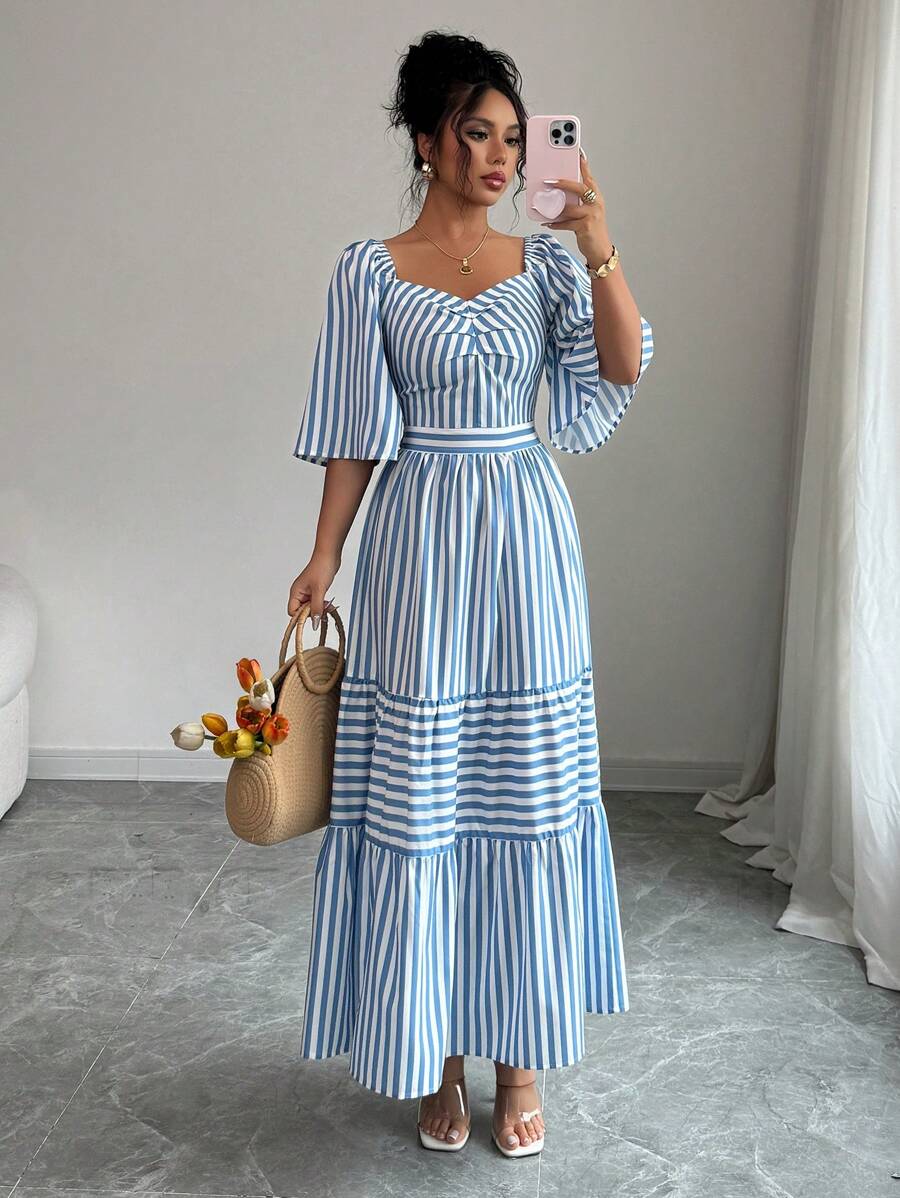 Elenzga Women's Casual Striped Long Dress For Summer - Blue - View 1