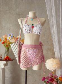 SHEIN Swim 2pcs/Set Sweet Cute Cherry Print Halter Backless Swimsuit Top & Thong Bottoms Women Swimwear Set For Summer Beach Vacation