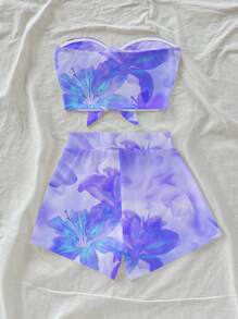Soleia Bộ đồ áo bandeau nơ phía trước và quần short mini bó sát cho nữ, phù hợp cho mùa hè, màu tím hoa dâm bụt, phù hợp cho kỳ nghỉ - Màu tím - Xem 2