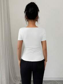 Elenzga Kaos Lengan Pendek Berkerut Asimetris Elegan Musim Panas - Putih - View 2