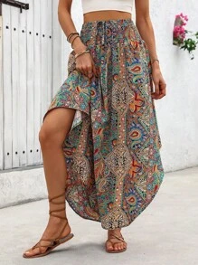 SHEIN PETITE Short Women Print Waist Drawstring Asymmetrical Hem Casual A-Line Skirt, Suitable For Petite, Resort Style