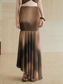 Aveloria Women's Asymmetric Hem Tie-Dye Gradient Digital Print Earth Tone Mesh See-Through Layered Skirt Style Club Halloween Y2k Club Sexy - Coffee Brown - View 7