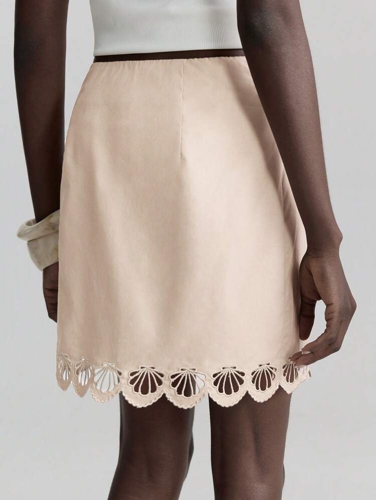 2025 Women's Mini Skirt,Hollow Shell Embroidered Hem,Fitted Silhouette Casual Style,Vacation,Summer,Everyday Wear,Beige,Autumn,Elegent,Tea Party