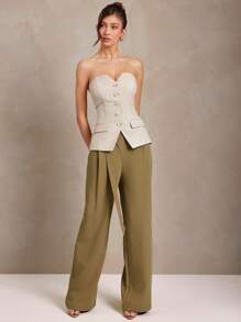 L'Amorae 女士阔腿裹身系带橄榄绿工装裤，带口袋，夏季，商务休闲，办公室，工作 - 軍綠色 - 查看 1
