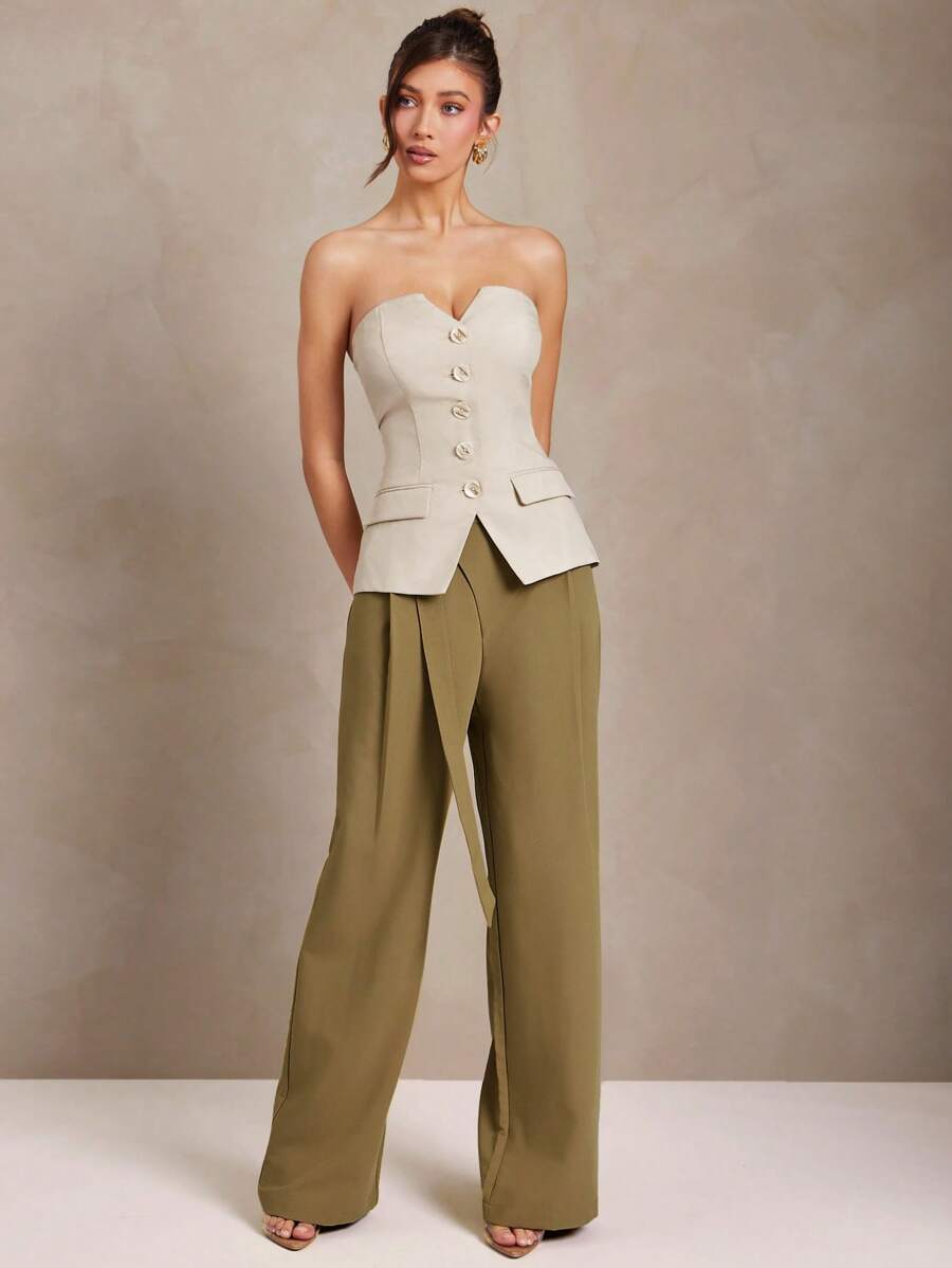 L'Amorae 女士阔腿裹身系带橄榄绿工装裤，带口袋，夏季，商务休闲，办公室，工作 - 軍綠色 - 查看 1
