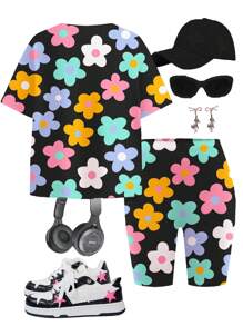 SHEIN Leap Crew 2pcs/Set Tween Girls Casual Simple Short Sleeve T-Shirt And Shorts Set, Suitable For Summer - Multicolor - View 2