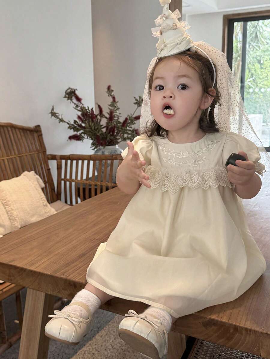 Hapijoa Baby Girl Lace Patchwork Round Neck Midi Party Birthday Dress - Beige - View 1