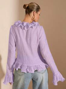 SHEIN BAE Damen Elegante Leichte Bluse mit tiefem V-Ausschnitt, Rüschensaum und Langarm für den frühen Frühling, geeignet für romantische Dates, Treffen mit Freundinnen, Frühlingsausflüge und Partyevents