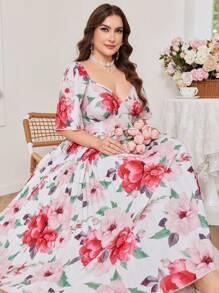 Modelyn Robe midi élégante pour les vacances avec encolure en V, manches courtes à volants, taille plissée et imprimé floral pour femmes grandes tailles