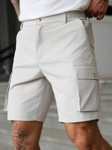 Manfinity Homme Men's Casual Pocket Solid Color Shorts, Fashionable For Summer - Apricot - View 3