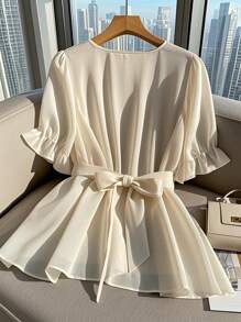 Franclia Women's Puff Sleeve Cinched Waist Waist Blouse - Apricot - View 2