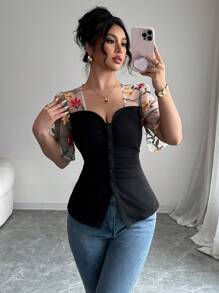 Elenzga Women's Fashion Mesh Embroidered Patchwork Ruffle Trim Short Sleeve T-Shirt - Black - View 4