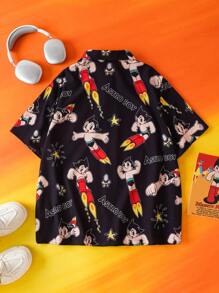 Astro Boy X SHEIN Plus Size Women Casual Loose Fit Star & Rocket Cartoon Pattern Black Blouse For Summer - Black - View 3