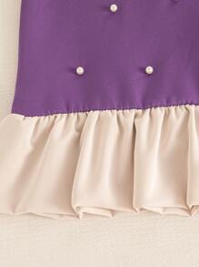 SHEIN Elladie kids Young Girl's Summer New Pearl Bow Sleeveless A-Line Ruffle Hem French Princess Style Elegant Simple Commuting Dress - Purple - View 3