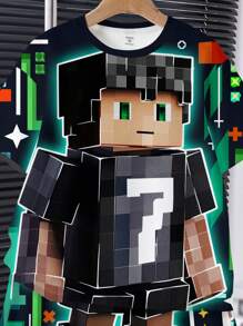 Tween Boy Navy Blue Summer Cute Vacation 2 Pieces Set,Cartoon Pixel Cube Robot & Soccer Player Graphic Print Short Sleeve T-Shirt & Shorts Outfit - Multicolor - View 4