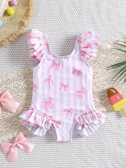 Cute Newborn/Infant Baby Girl Ruffled Butterfly & Striped Printed One-Piece Swimsuit Baby Girl Ruffle Swim Baby Girl Beach Clothes Girls One Piece Summer Outfit Baby Girl Swimsuit Baby Girl Bow Swimsuit