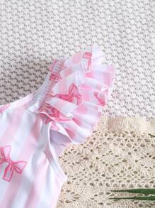 可爱新生儿/婴儿女宝宝荷叶边蝴蝶和条纹印花连体泳衣 - 彩色 - 查看 8