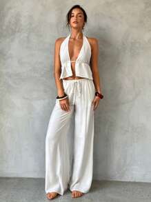 Aloruh 女士春夏新品套装，杏色无袖裹身上衣，系带领口，低腰串珠装饰阔腿裤，女士沙滩装，女士休闲装泳衣罩衫，女士夏季套装，两件套女士亚麻裤，亚麻裤女士泳衣罩衫，节日假期女士沙滩装，度假装女士