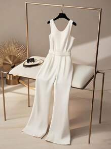 SHEIN 优雅假日时尚金属扣腰带连体裤前拉链休闲阔腿女式连体裤 - 白色 - 查看 2