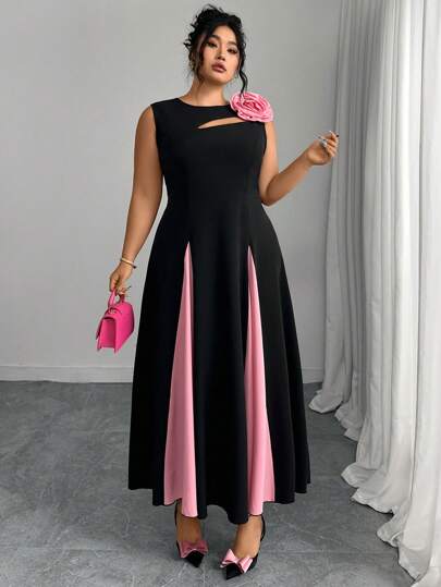 Modelyn Plus Size Black Round Neck Patchwork With Pink Insert Pleated A-Line Dress