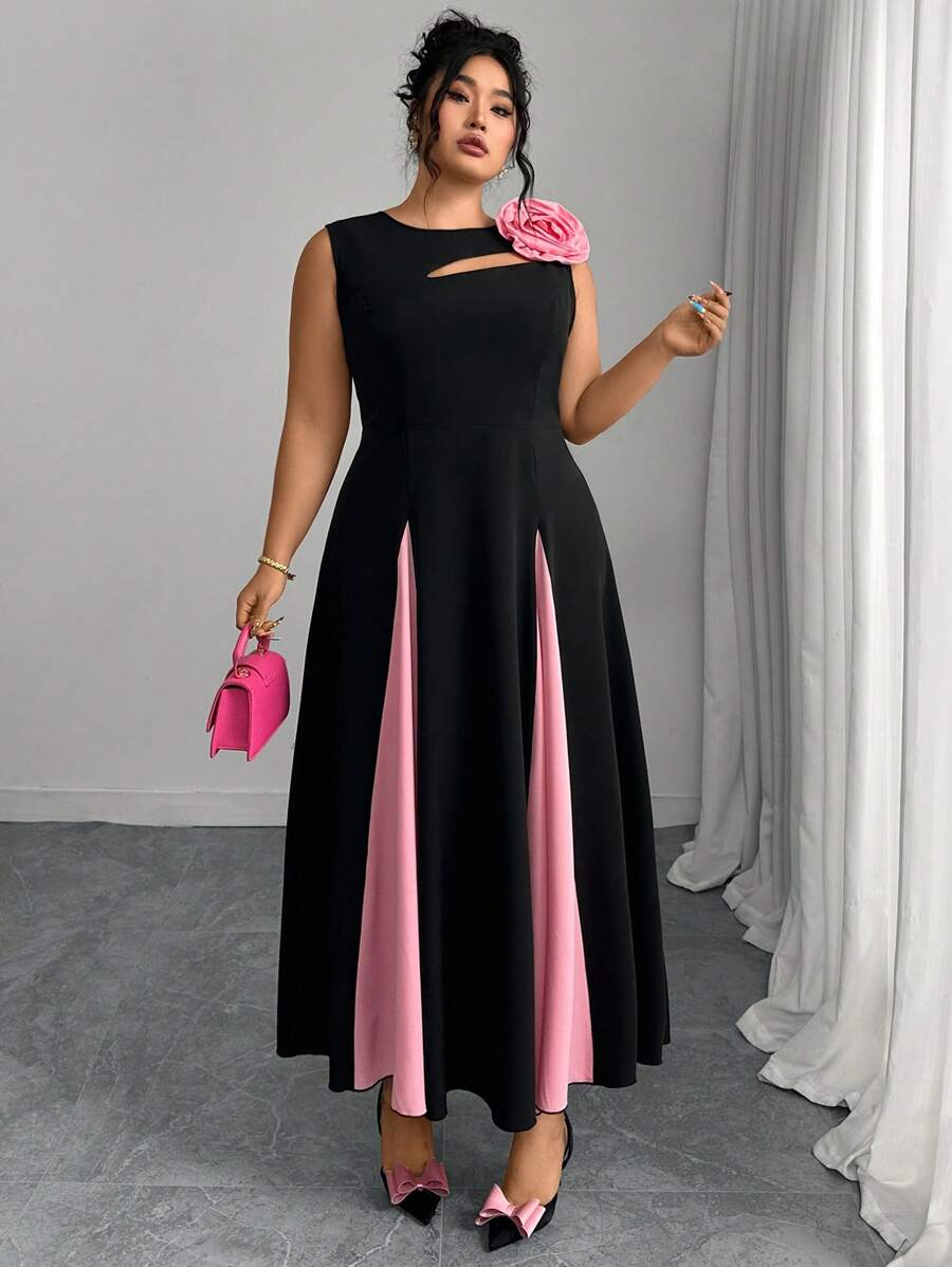 Modelyn Plus Size Black Round Neck Patchwork With Pink Insert Pleated A-Line Dress - Multicolor - View 1