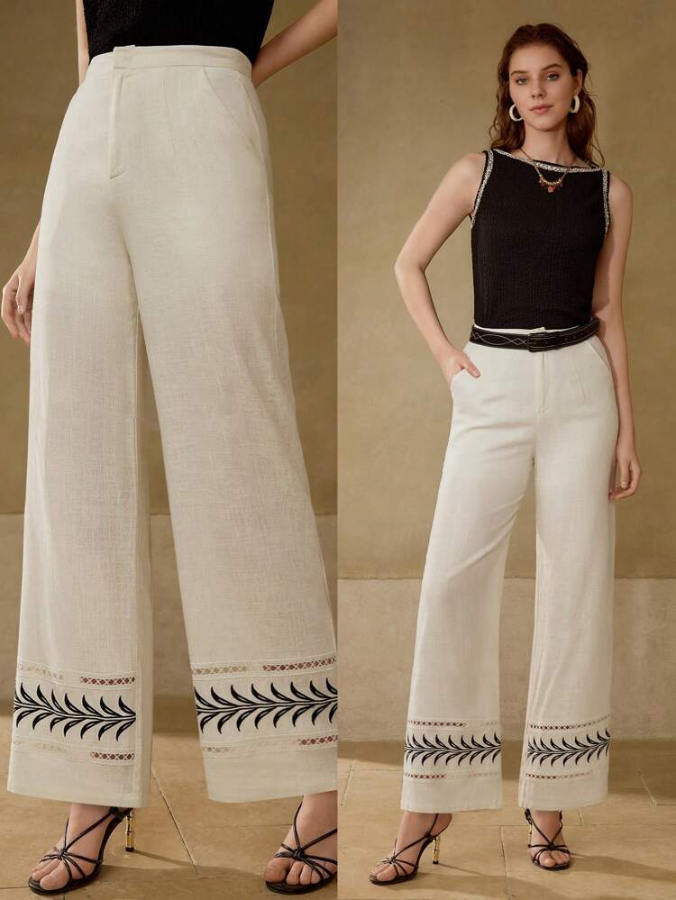 CONTRAST LACE EMBROIDERED WIDE LEG PANTS