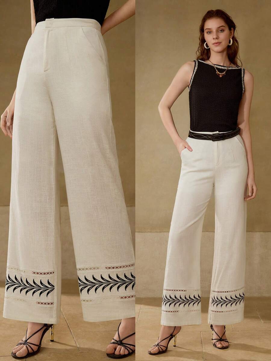 MOTF PREMIUM PANTALONES DE PIERNA ANCHA CON BORDADO DE ENCAJE EN CONTRASTE