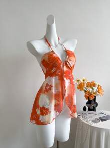 Sweetra Zufällig geschnittenes Blumenprint-Mesh-Top ohne Ärmel für Frauen