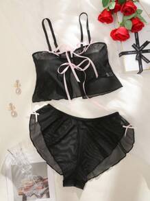 Set de 2 piezas de lencería inalámbrica y sexy de malla para mujer - Negro - Ver 6