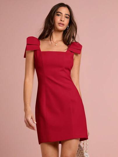 Enchnt 女士优雅无袖连衣裙，方形领口，蝴蝶结装饰，夏季