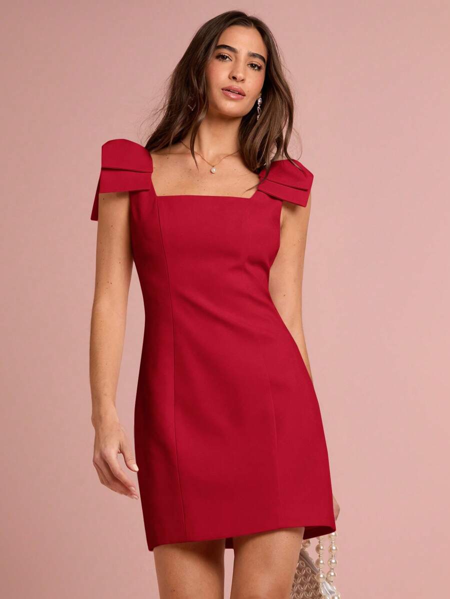 Enchnt 女士优雅无袖连衣裙，方形领口，蝴蝶结装饰，夏季 - 紅色 - 查看 1