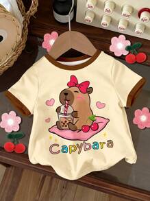 SHEIN 儿童图案T恤，可爱水豚印花，动漫卡通动物蝴蝶结和心形印花，年轻女孩休闲简约圆领短袖T恤，适合夏季