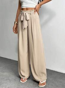 SHEIN PETITE Pantalones de lino con cordón en la cintura de unicolor, estilo "old money", para uso diario, playa y vacaciones. Pantalones de lino para mujer, ropa de mujer para otoño - Caqui - Ver 7