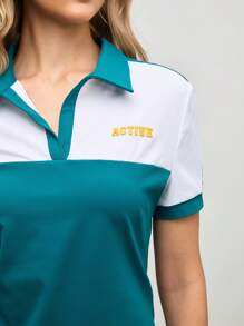 SHEIN Sports 女式字母印花撞色短袖运动 Polo 衫 - 綠色 - 查看 6