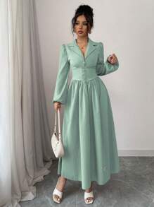Modelyn Vestido elegante de manga larga con botones frontales de unicolor para mujer - Verde - Ver 4