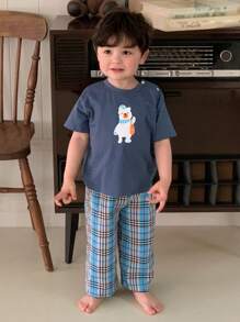 Hapijoa Baby Boy Cartoon Print Casual Crew Neck Tee And Plaid Woven Casual Pants Home Outfit - Blue - View 1