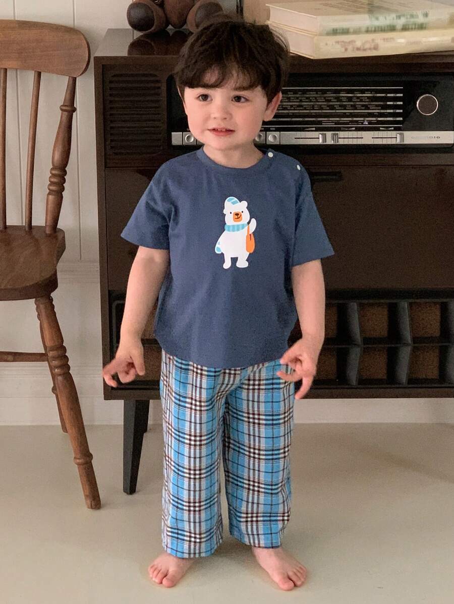 Hapijoa Baby Boy Cartoon Print Casual Crew Neck Tee And Plaid Woven Casual Pants Home Outfit - Blue - View 1
