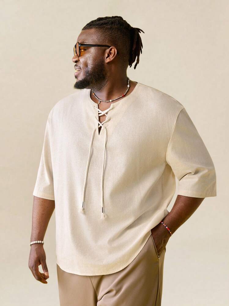 EASEVO Plus Size Men Casual Loose Woven Short Sleeve Half Open