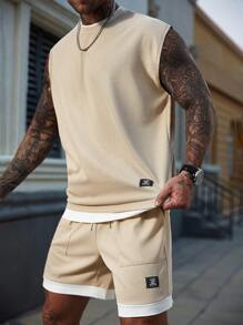 EGENSIO Men's Letter & Badge Print Crew Neck Tank Top And Shorts Casual Set, Summer - Khaki - View 4