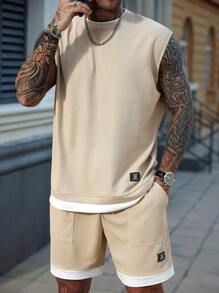 EGENSIO Men's Letter & Badge Print Crew Neck Tank Top And Shorts Casual Set, Summer - Khaki - View 6