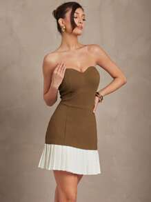 L'Amorae 女士优雅甜心露肩撞色褶边迷你连衣裙，女士工作服，女士夏季服装，商务休闲女装，女士办公室服装，女士工作服 - 彩色 - 查看 4