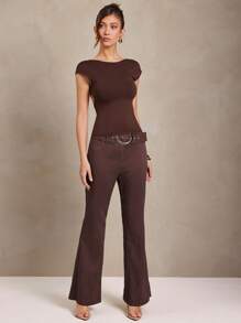 L'Amorae Women Pinstripe Flared Long Pants With Buckle Detail Office Business Casual - Brown - View 1