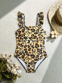 SHEIN Tween Girl Leopard Print One-Piece Swimsuit With Ruffle - Rust Brown - View 2